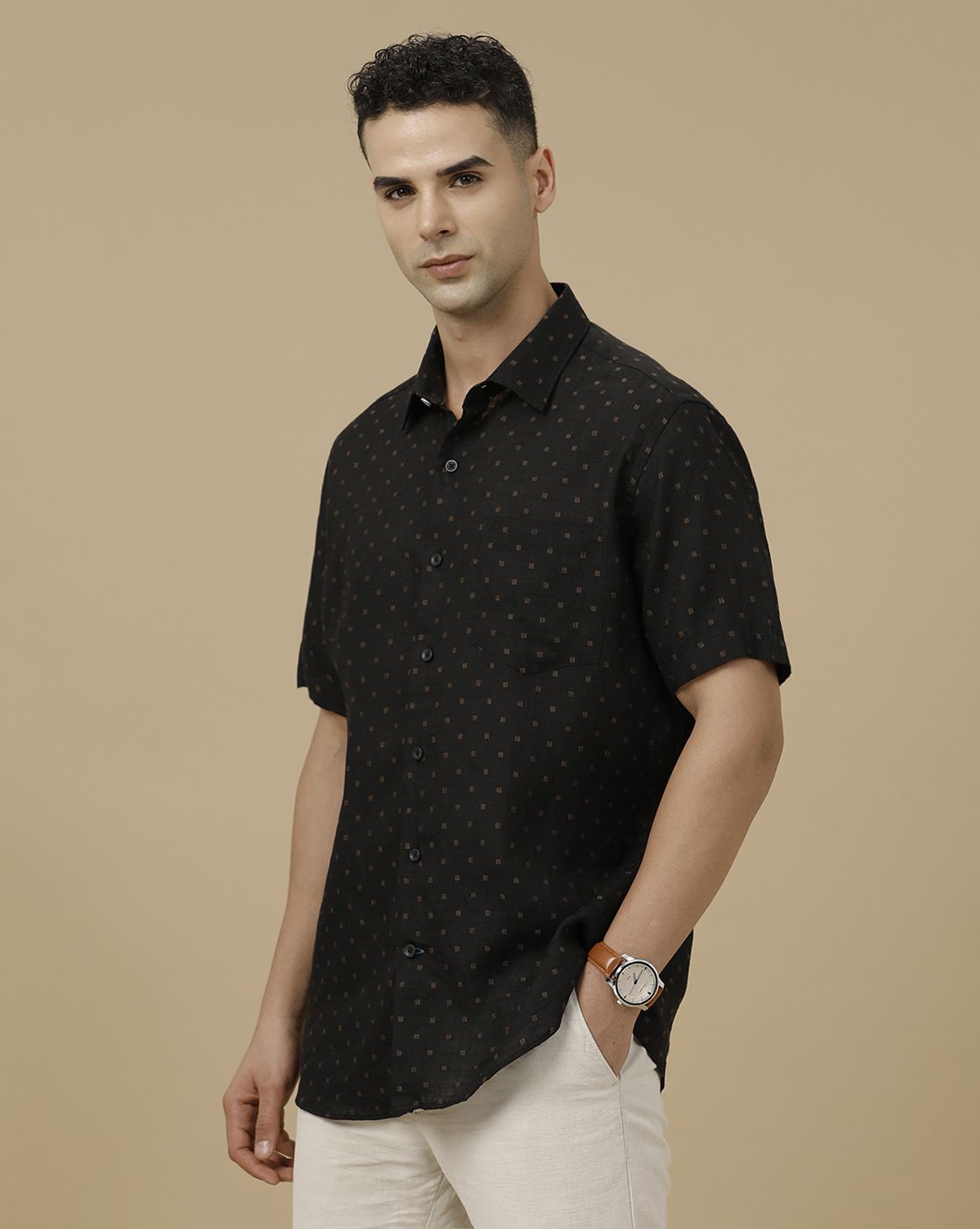Linen Club Men's Pure Linen Black Dobby Contemporary Fit Half Sleeve Casual Shirt