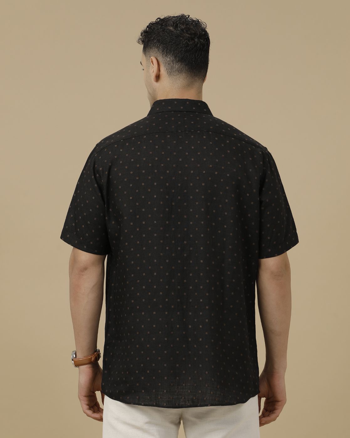 Linen Club Men's Pure Linen Black Dobby Contemporary Fit Half Sleeve Casual Shirt