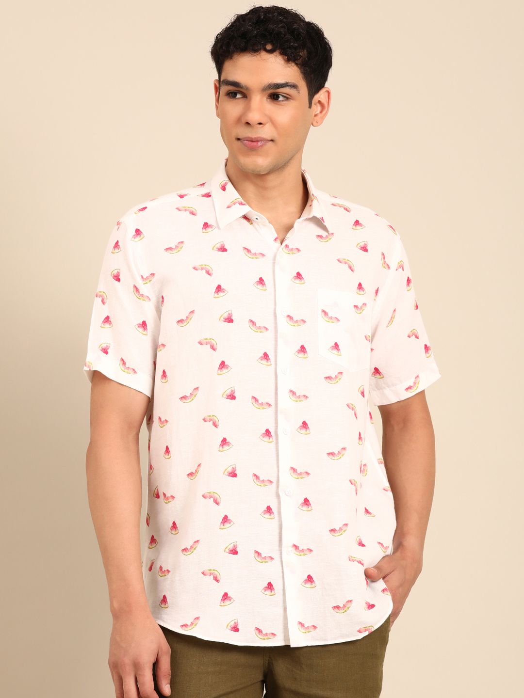 Linen Club Men's Linen Rich White Printed Contemporary Fit Half Sleeve Casual Shirt