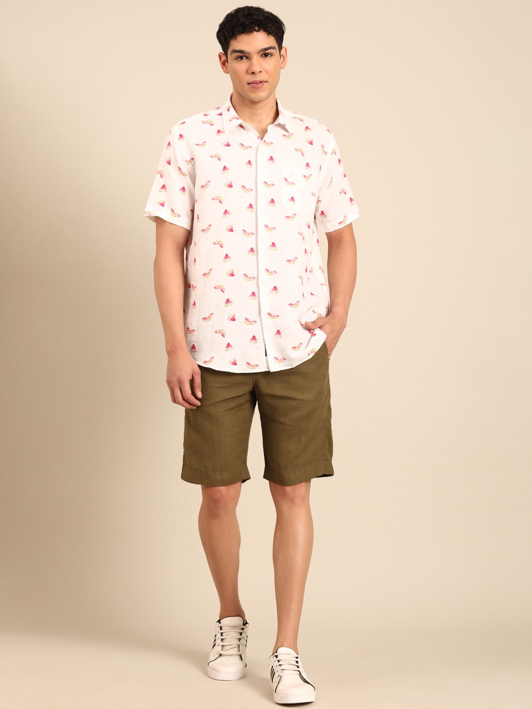 Linen Club Men's Linen Rich White Printed Contemporary Fit Half Sleeve Casual Shirt