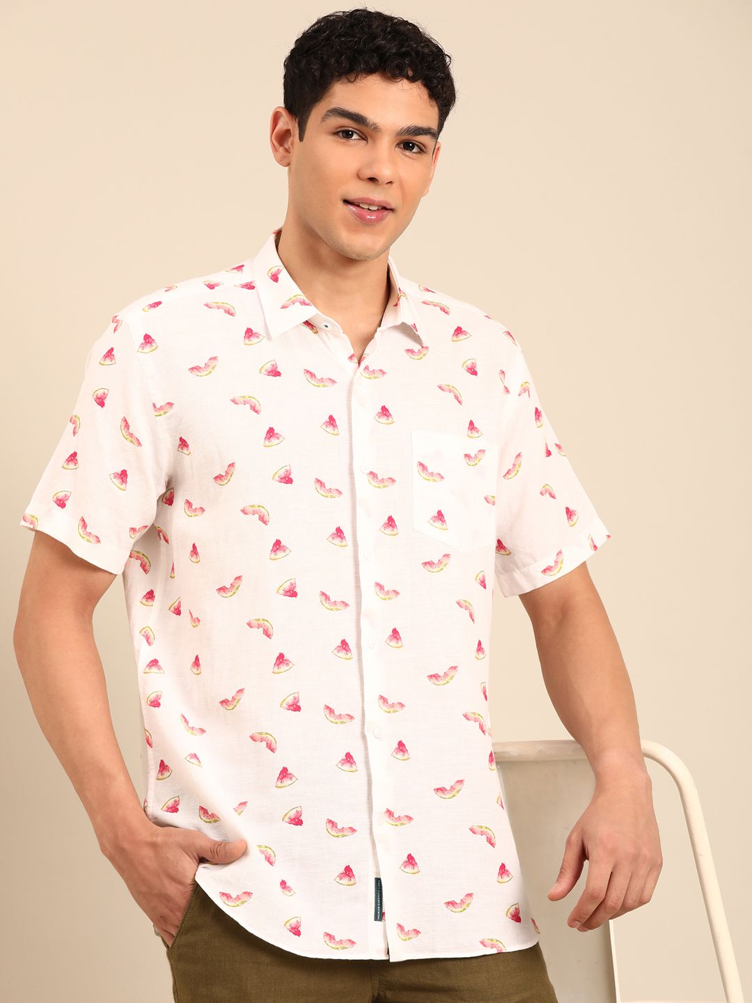 Linen Club Men's Linen Rich White Printed Contemporary Fit Half Sleeve Casual Shirt