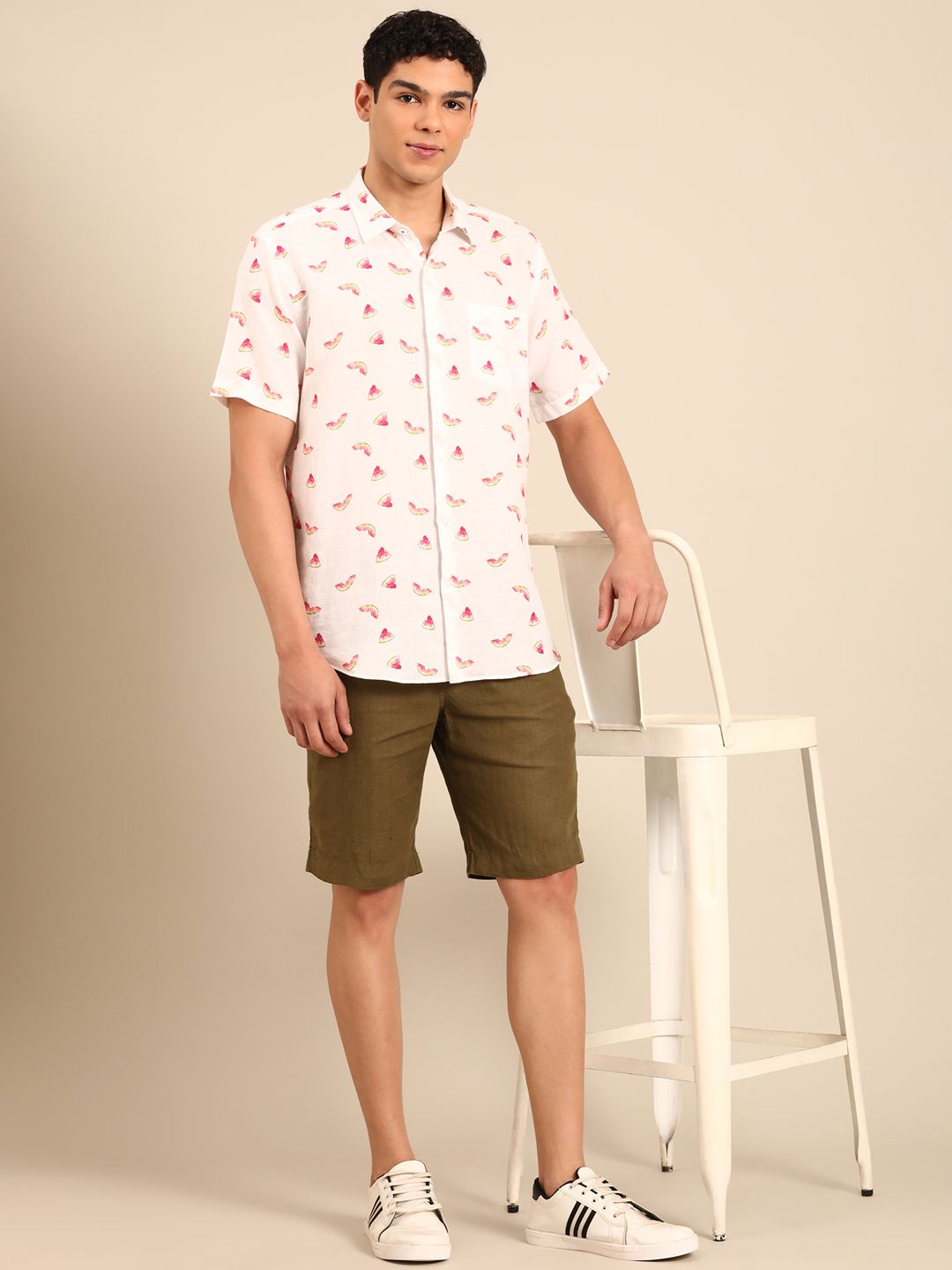 Linen Club Men's Linen Rich White Printed Contemporary Fit Half Sleeve Casual Shirt