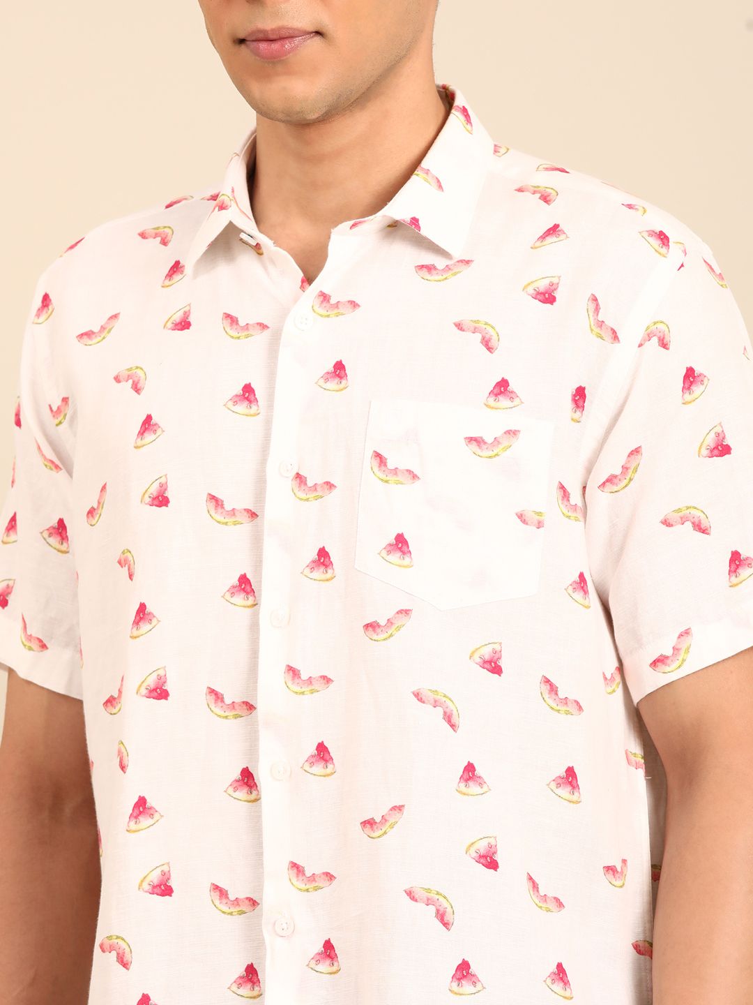 Linen Club Men's Linen Rich White Printed Contemporary Fit Half Sleeve Casual Shirt