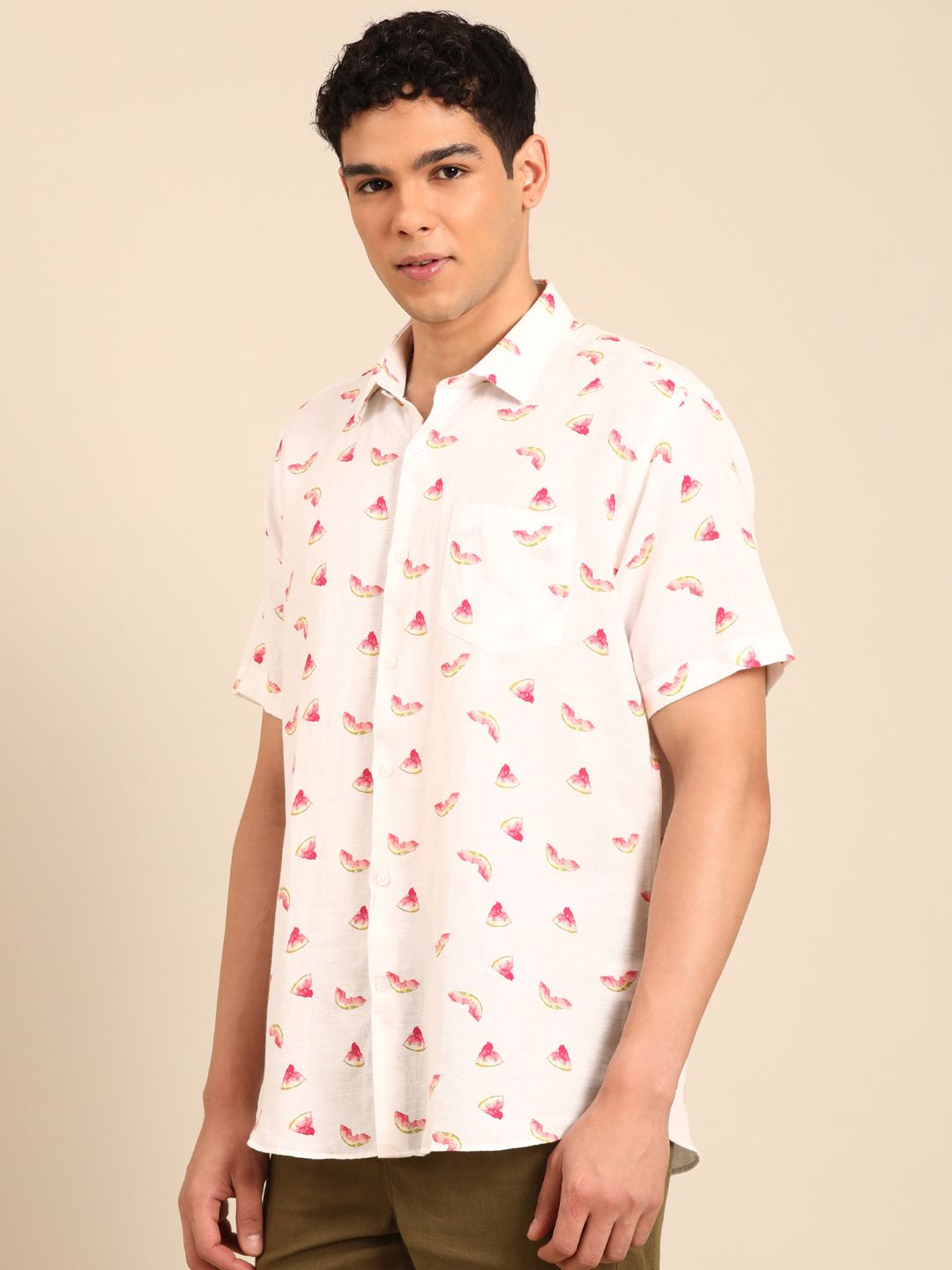 Linen Club Men's Linen Rich White Printed Contemporary Fit Half Sleeve Casual Shirt