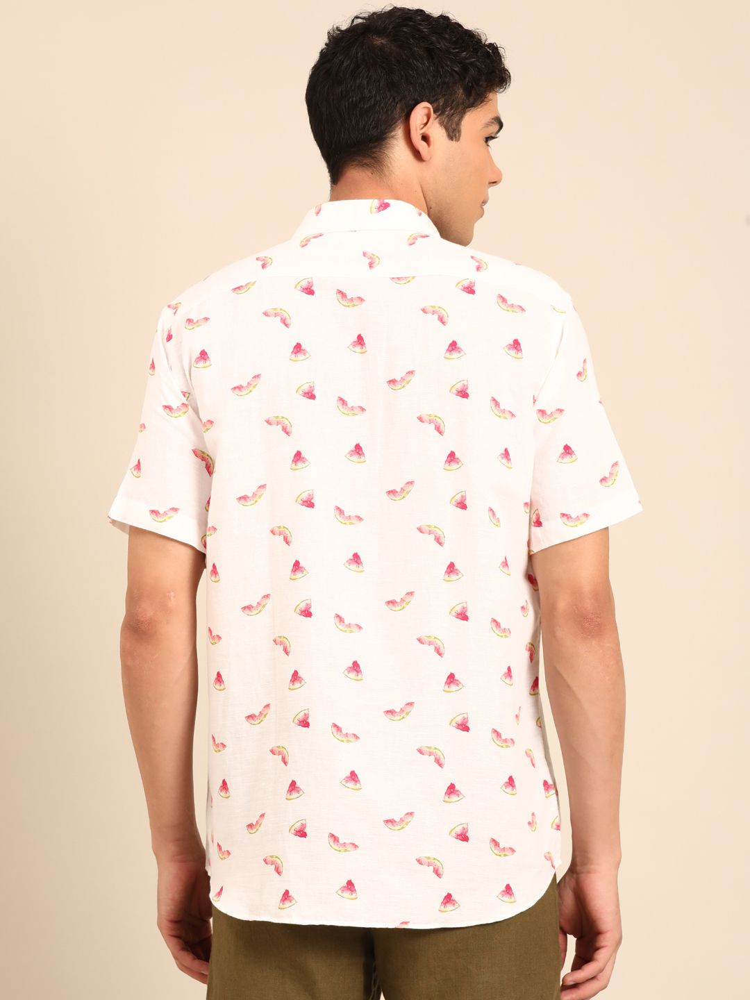 Linen Club Men's Linen Rich White Printed Contemporary Fit Half Sleeve Casual Shirt