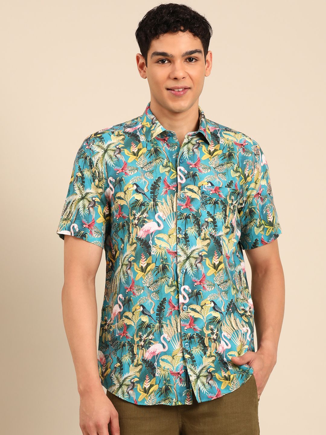 Linen Club Men's Linen Rich turquoise Blue Printed Contemporary Fit Half Sleeve Casual Shirt