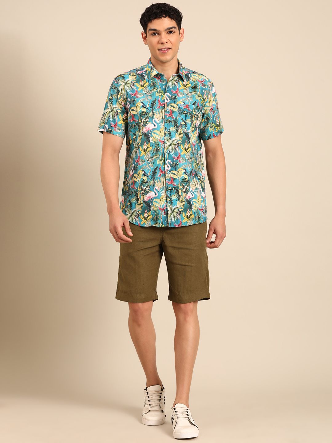 Linen Club Men's Linen Rich turquoise Blue Printed Contemporary Fit Half Sleeve Casual Shirt
