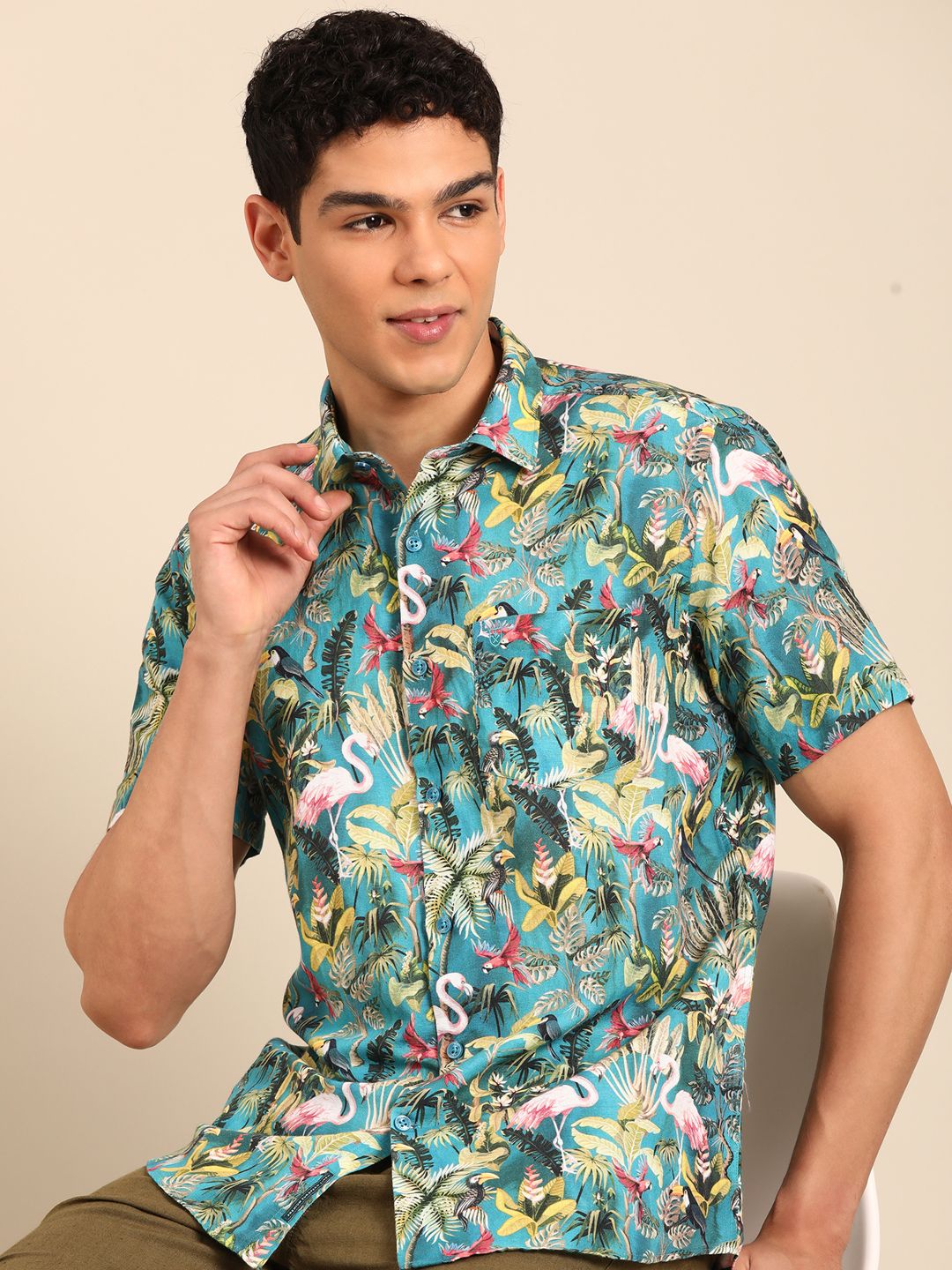 Linen Club Men's Linen Rich turquoise Blue Printed Contemporary Fit Half Sleeve Casual Shirt