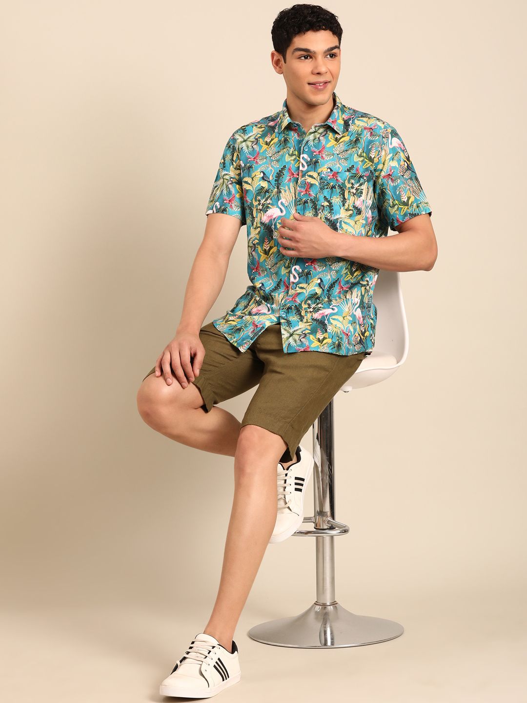 Linen Club Men's Linen Rich turquoise Blue Printed Contemporary Fit Half Sleeve Casual Shirt