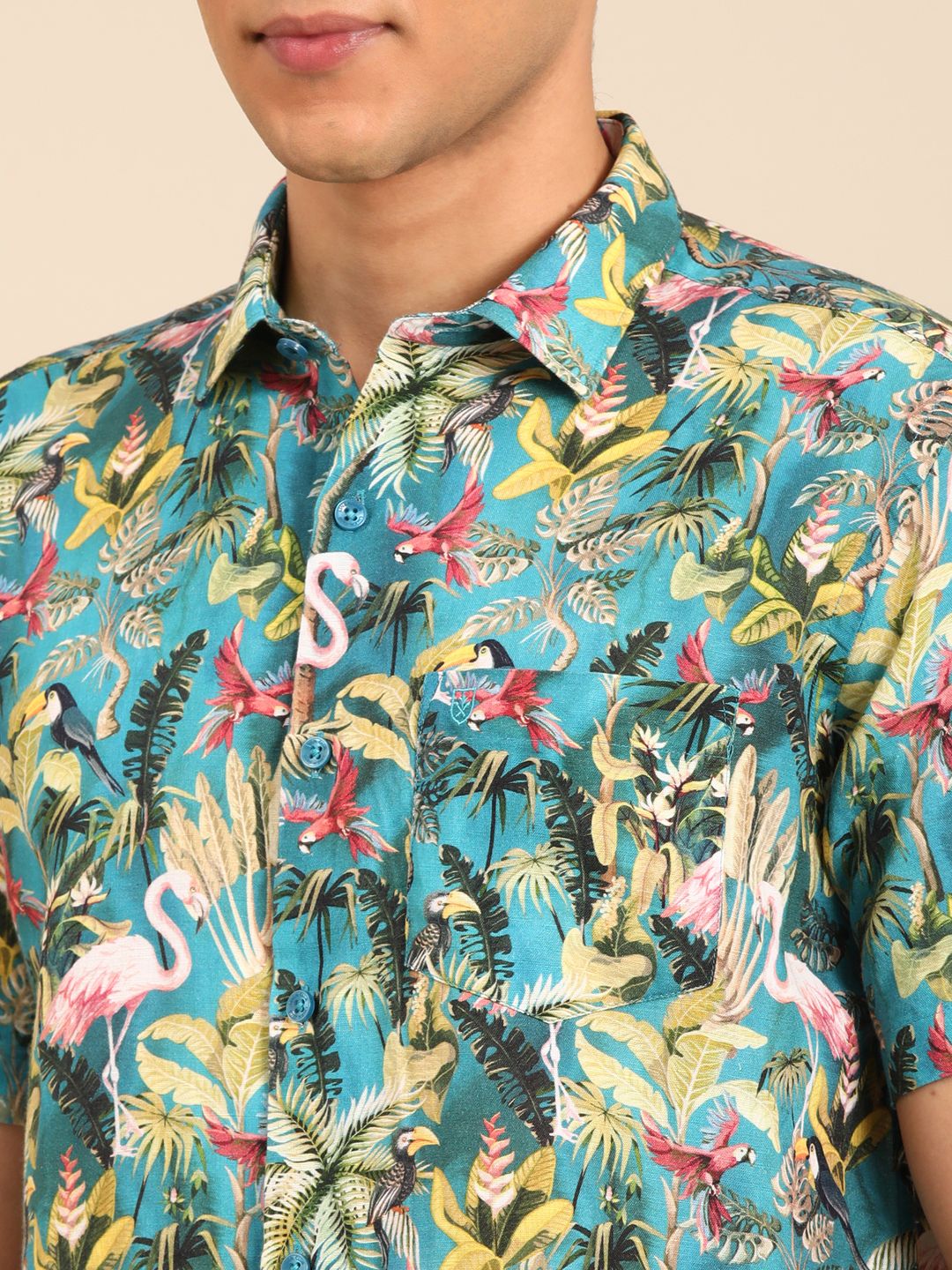 Linen Club Men's Linen Rich turquoise Blue Printed Contemporary Fit Half Sleeve Casual Shirt