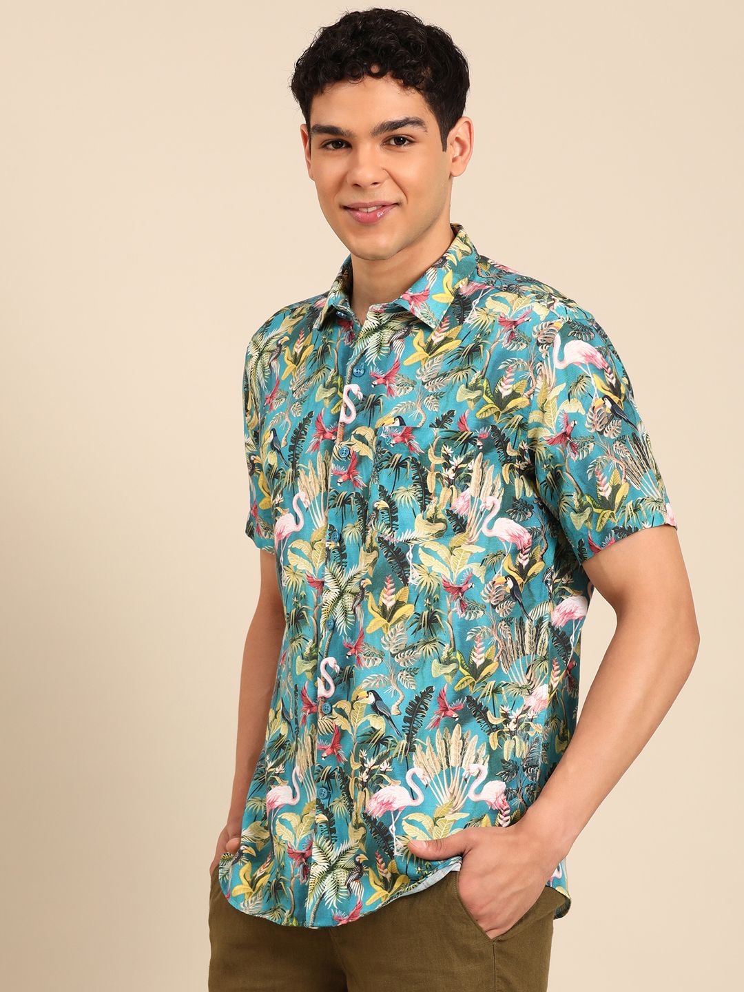 Linen Club Men's Linen Rich turquoise Blue Printed Contemporary Fit Half Sleeve Casual Shirt