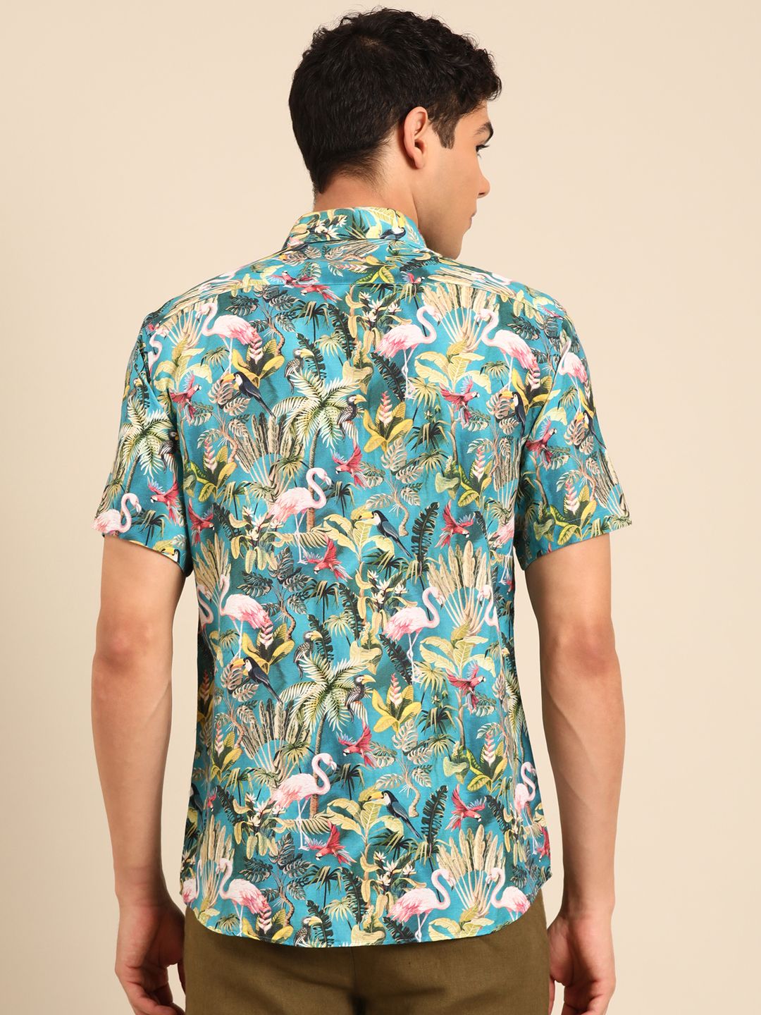 Linen Club Men's Linen Rich turquoise Blue Printed Contemporary Fit Half Sleeve Casual Shirt