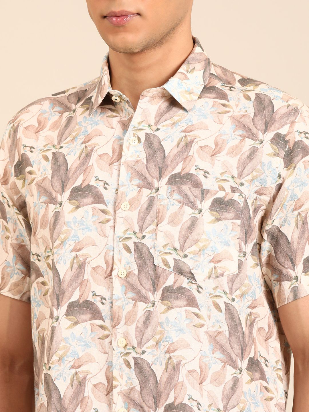 Linen Club Men's Linen Rich Brown Printed Contemporary Fit Half Sleeve Casual Shirt