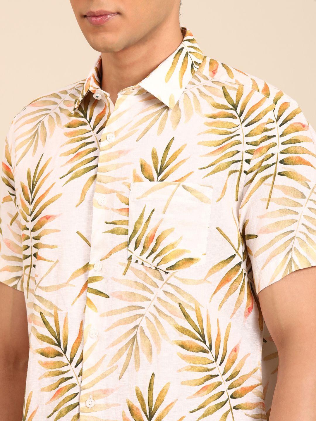 Linen Club Men's Linen Rich White Printed Contemporary Fit Half Sleeve Casual Shirt