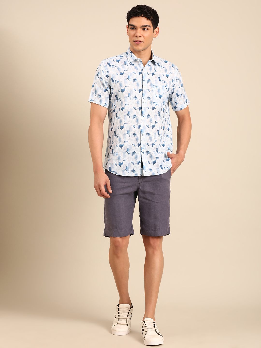 Linen Club Men's Linen Rich White Printed Contemporary Fit Half Sleeve Casual Shirt
