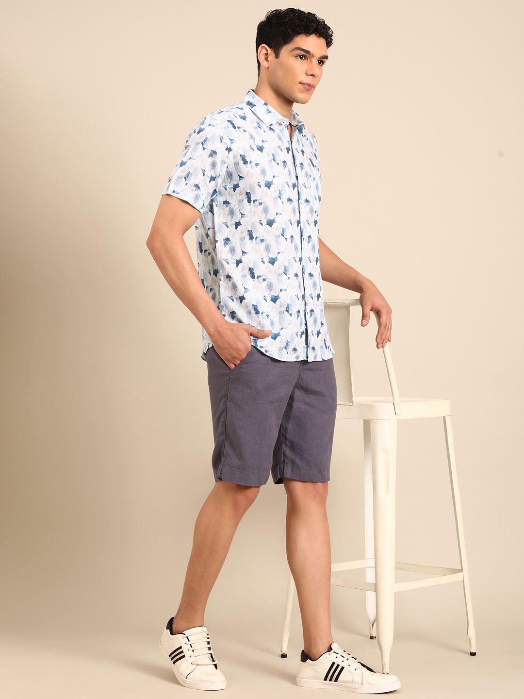 Linen Club Men's Linen Rich White Printed Contemporary Fit Half Sleeve Casual Shirt