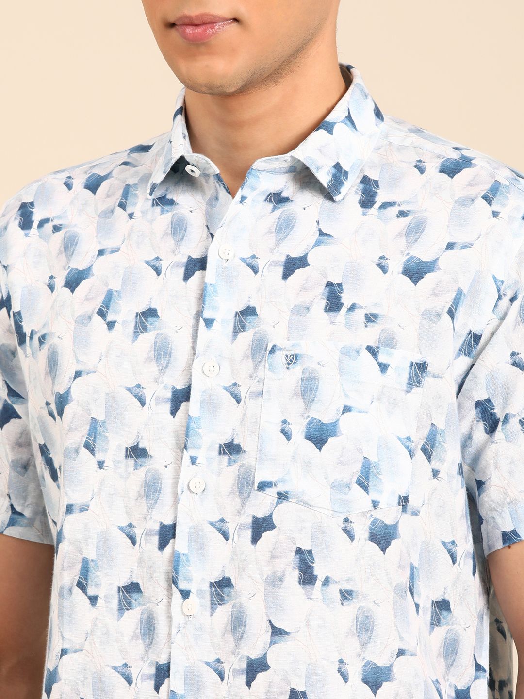 Linen Club Men's Linen Rich White Printed Contemporary Fit Half Sleeve Casual Shirt