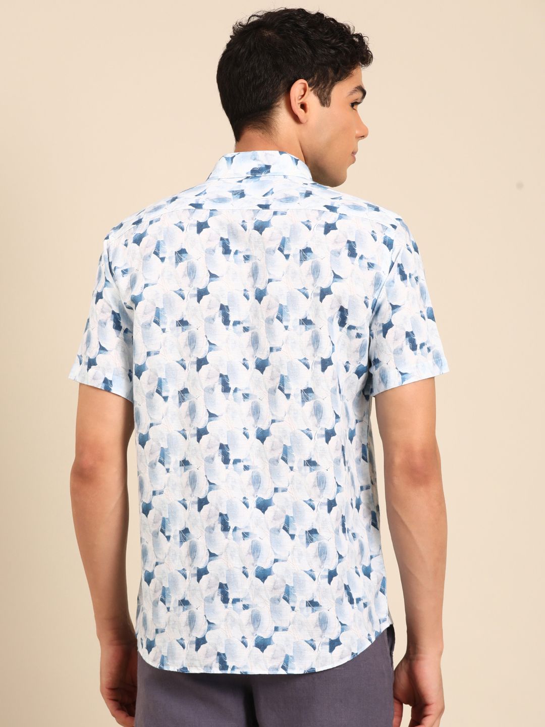 Linen Club Men's Linen Rich White Printed Contemporary Fit Half Sleeve Casual Shirt
