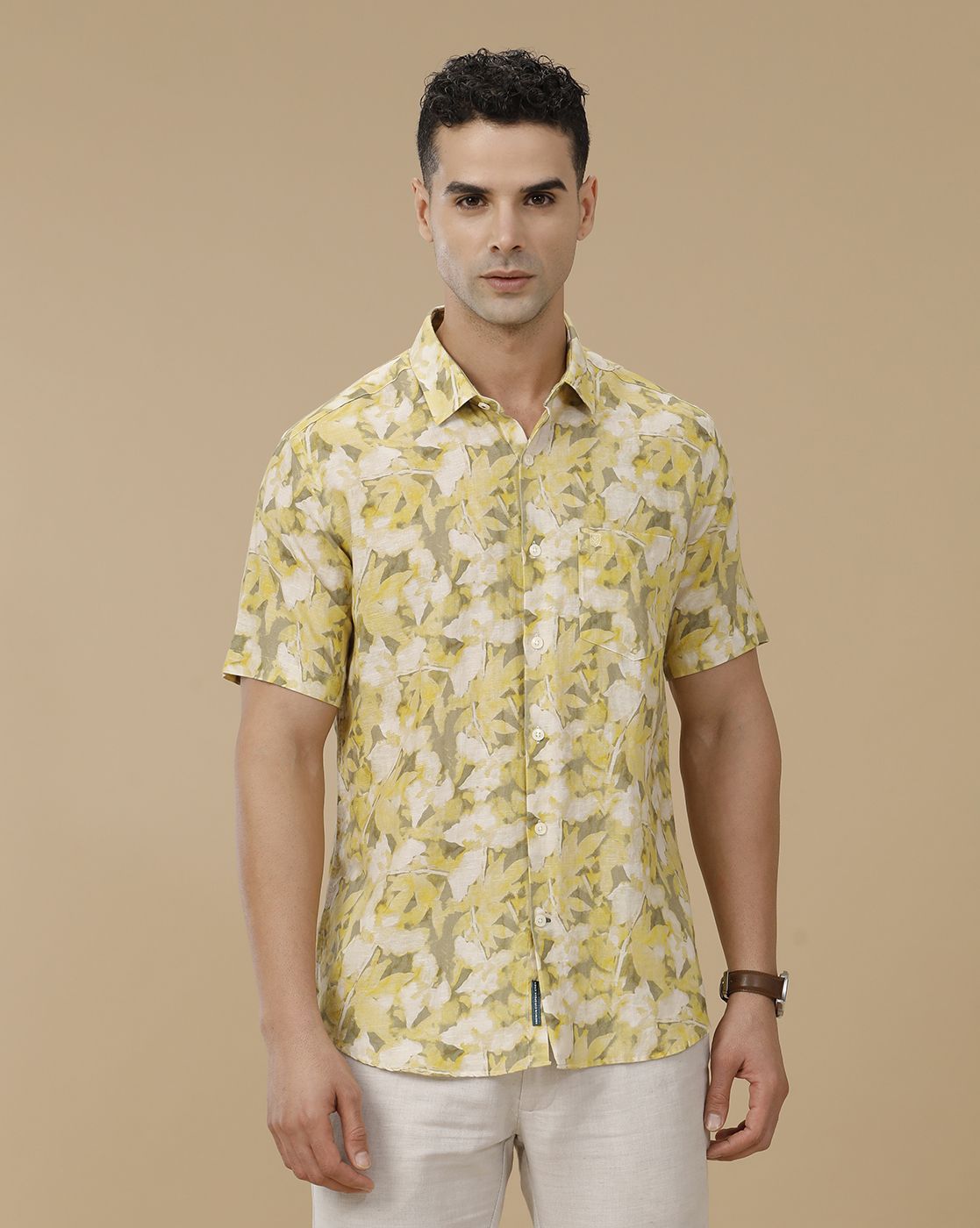 Linen Club Men's Linen Rich Yellow Printed Contemporary Fit Full Sleeve Casual Shirt