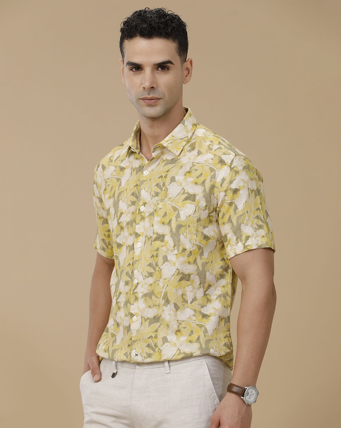 Linen Club Men's Linen Rich Yellow Printed Contemporary Fit Full Sleeve Casual Shirt
