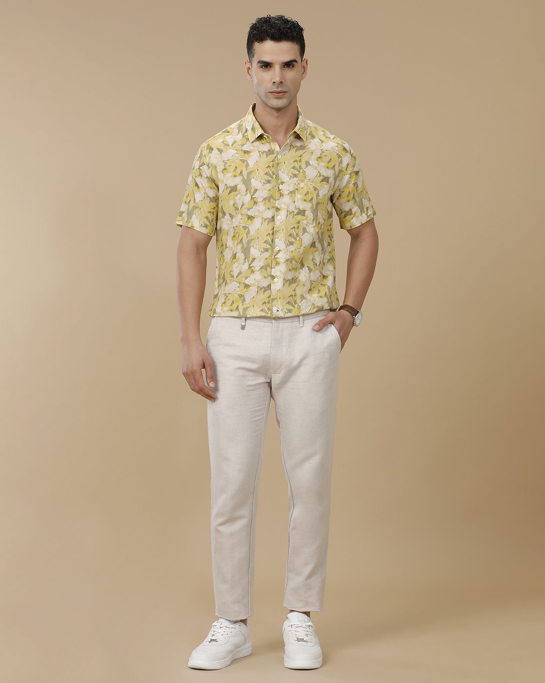 Linen Club Men's Linen Rich Yellow Printed Contemporary Fit Full Sleeve Casual Shirt