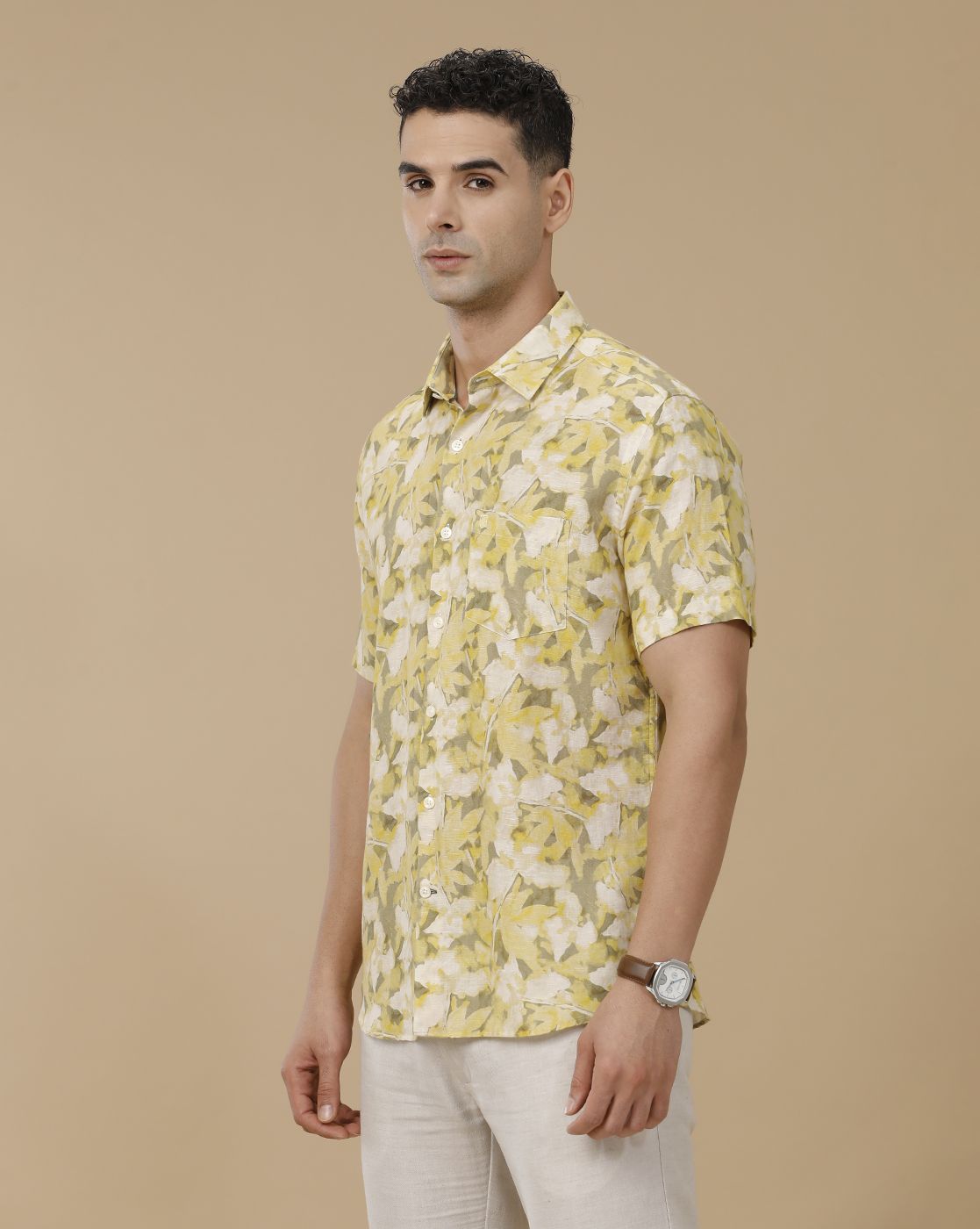Linen Club Men's Linen Rich Yellow Printed Contemporary Fit Full Sleeve Casual Shirt