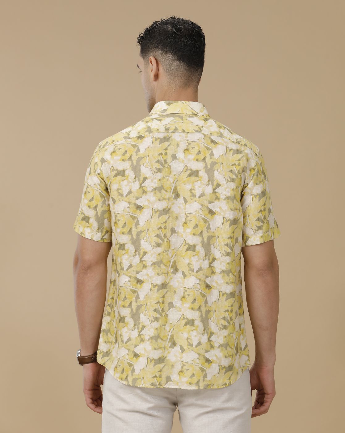 Linen Club Men's Linen Rich Yellow Printed Contemporary Fit Full Sleeve Casual Shirt