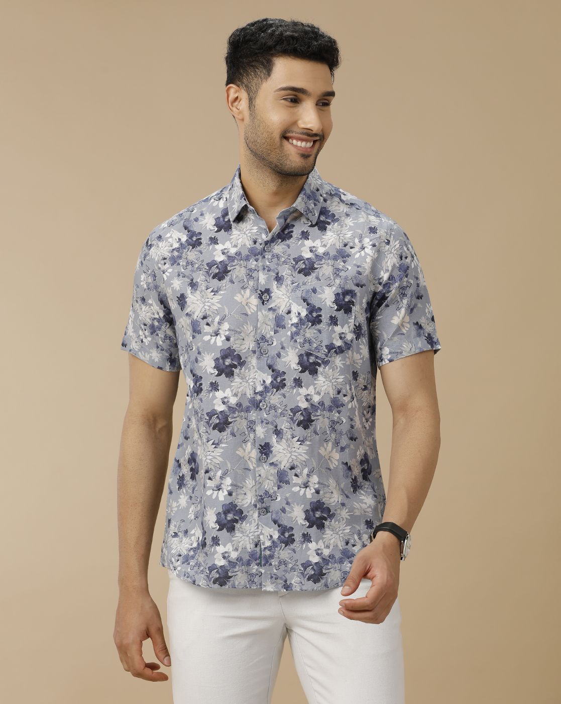 Men's Linen Rich Blue Printed Contemporary Fit Half Sleeve Casual Shirt