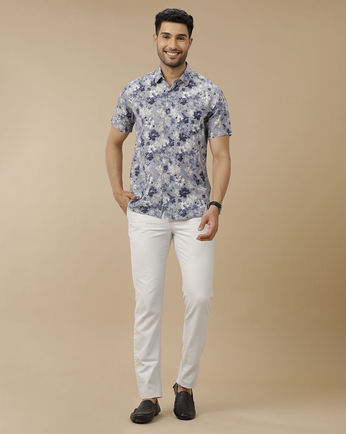 Men's Linen Rich Blue Printed Contemporary Fit Half Sleeve Casual Shirt