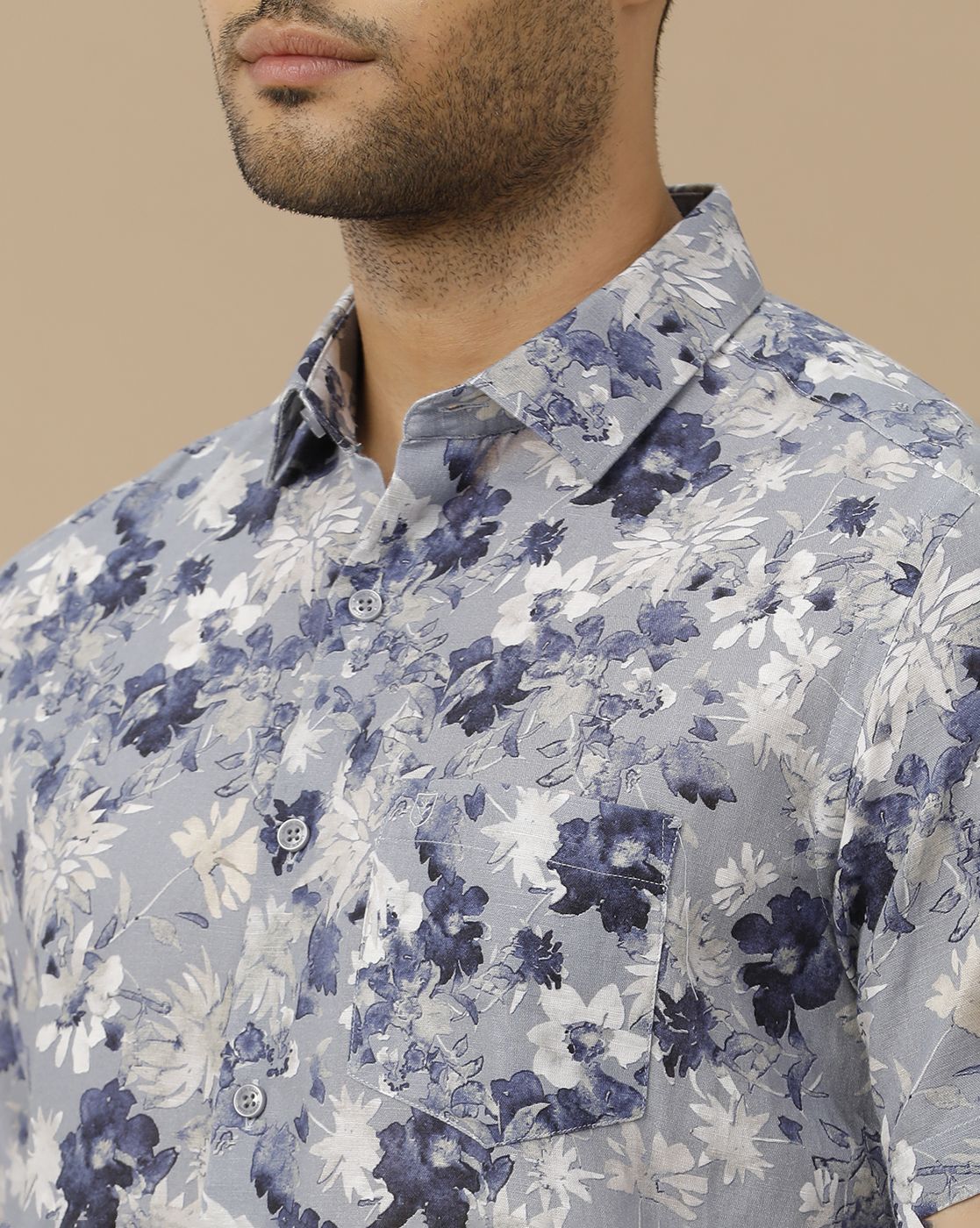 Men's Linen Rich Blue Printed Contemporary Fit Half Sleeve Casual Shirt