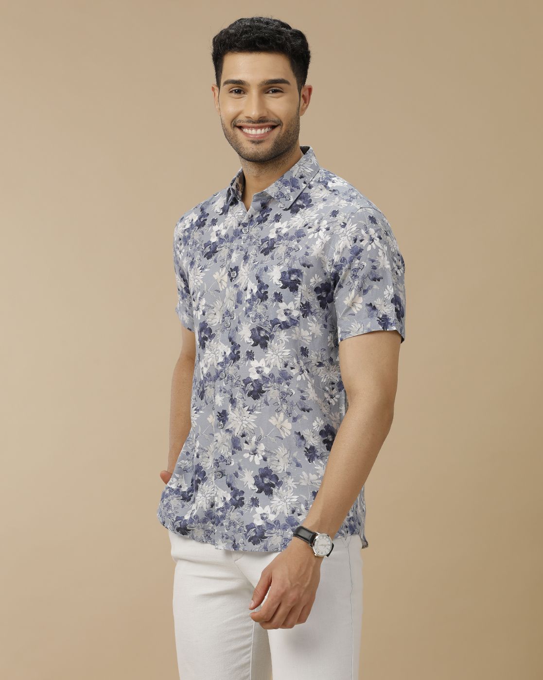 Men's Linen Rich Blue Printed Contemporary Fit Half Sleeve Casual Shirt