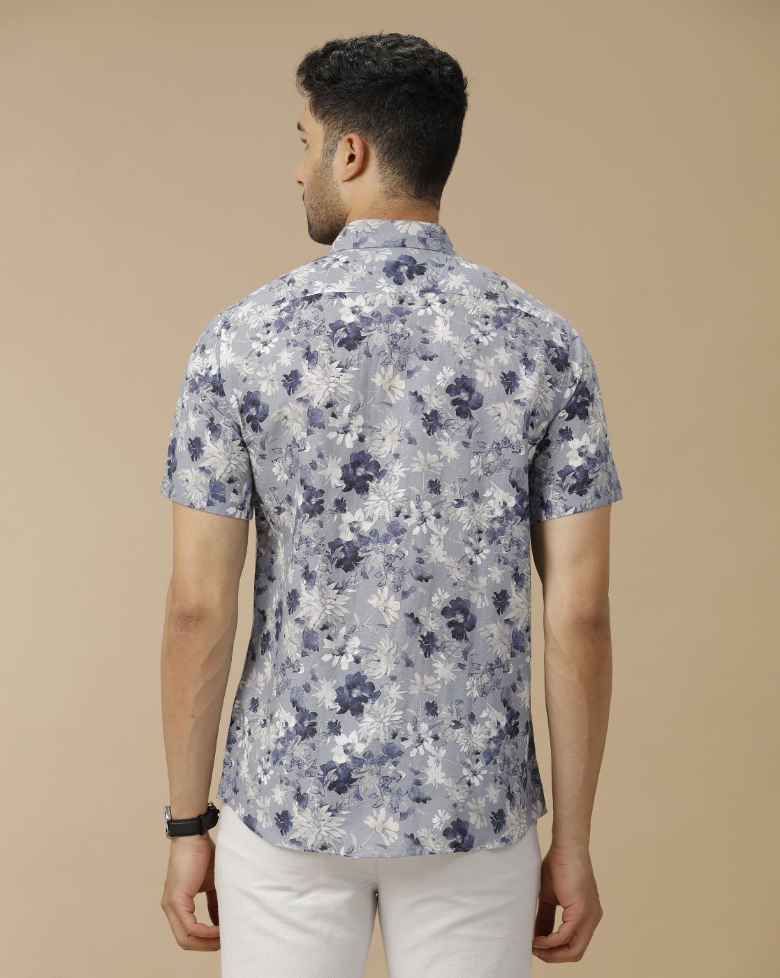 Men's Linen Rich Blue Printed Contemporary Fit Half Sleeve Casual Shirt