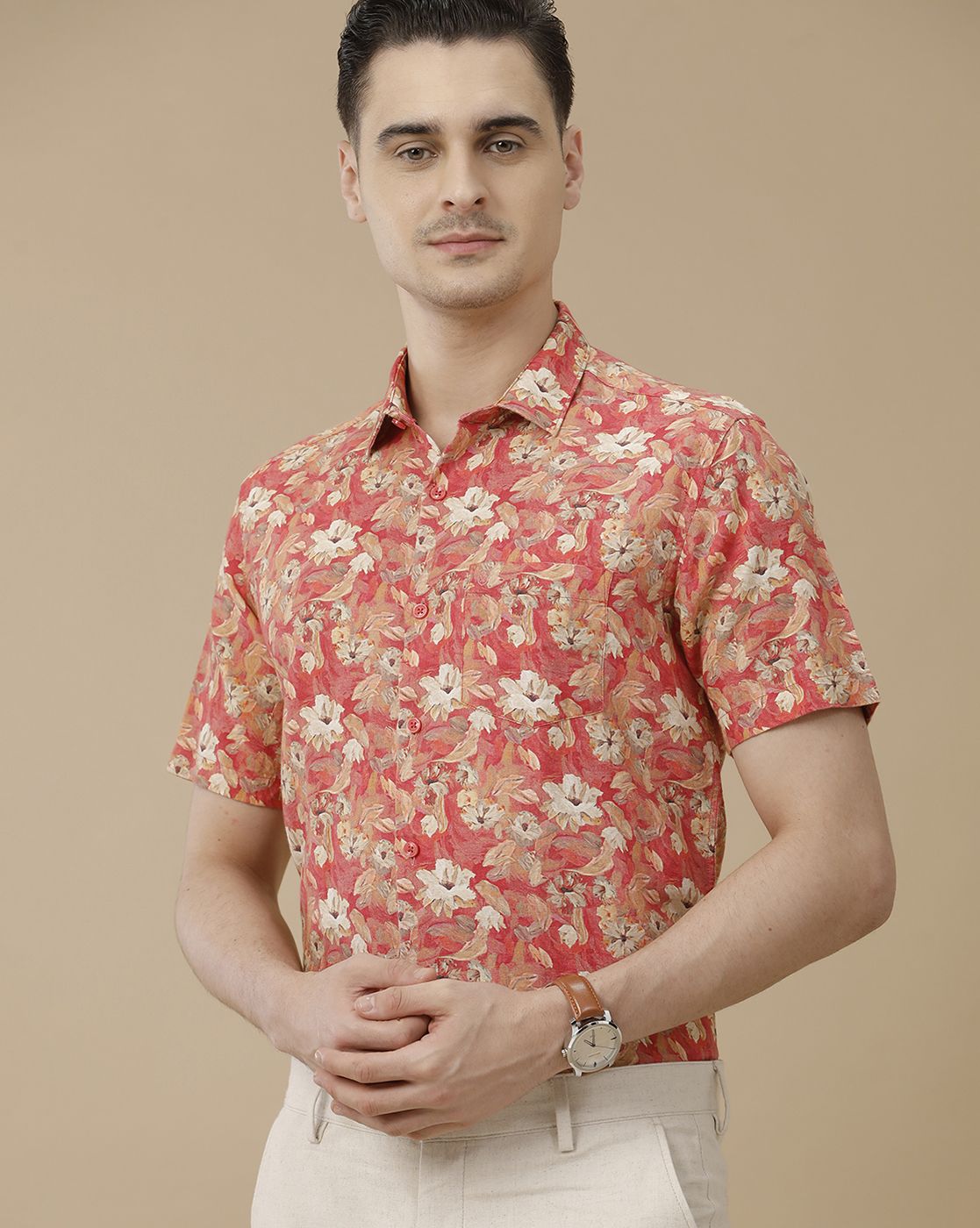 Men's Linen Rich Red Printed Contemporary Fit Half Sleeve Casual Shirt