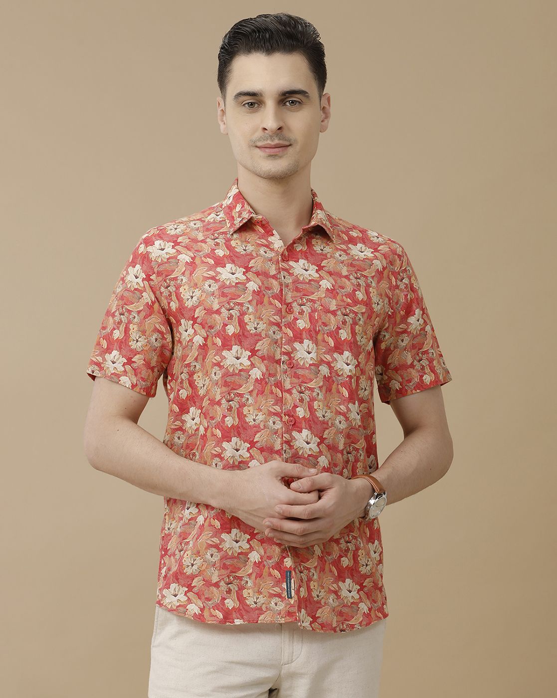 Men's Linen Rich Red Printed Contemporary Fit Half Sleeve Casual Shirt