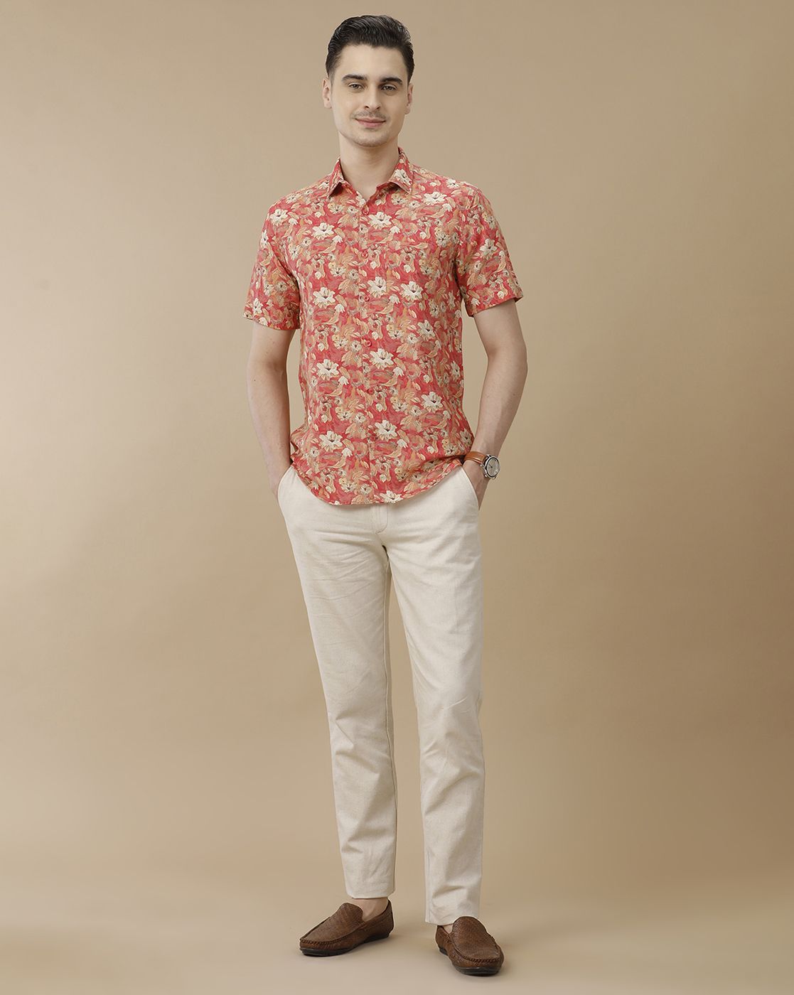Men's Linen Rich Red Printed Contemporary Fit Half Sleeve Casual Shirt