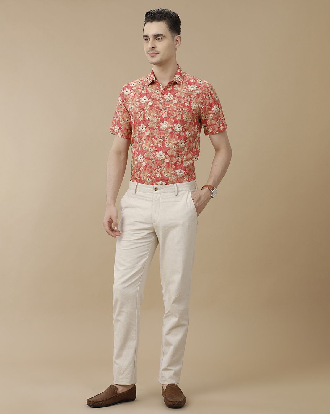 Men's Linen Rich Red Printed Contemporary Fit Half Sleeve Casual Shirt