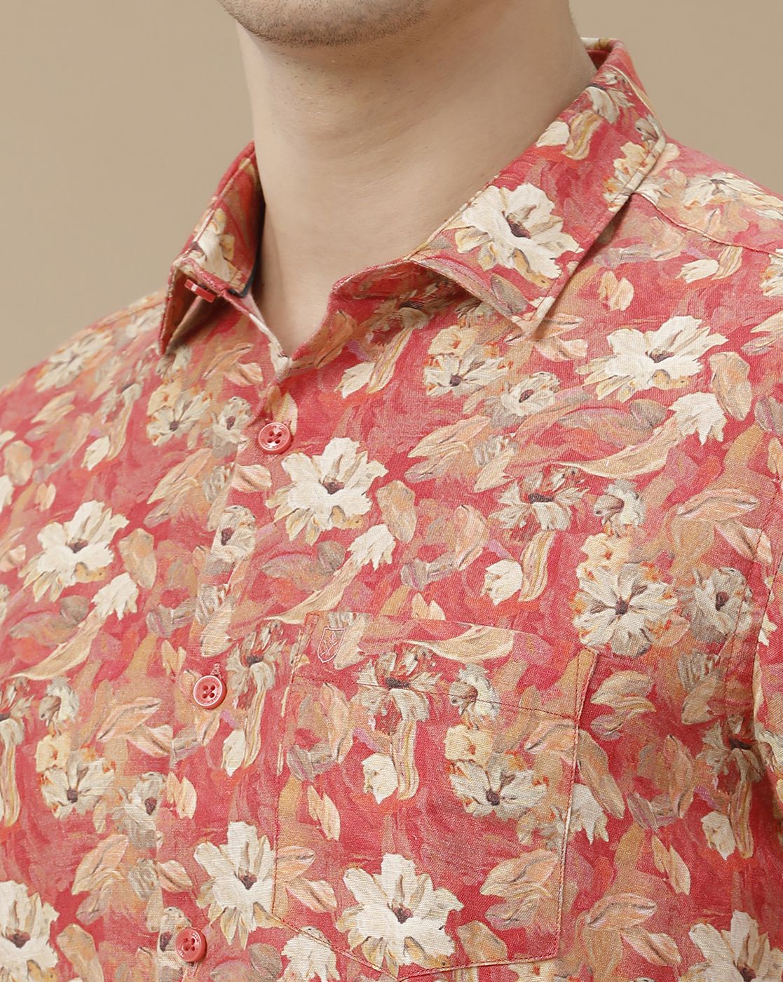 Men's Linen Rich Red Printed Contemporary Fit Half Sleeve Casual Shirt