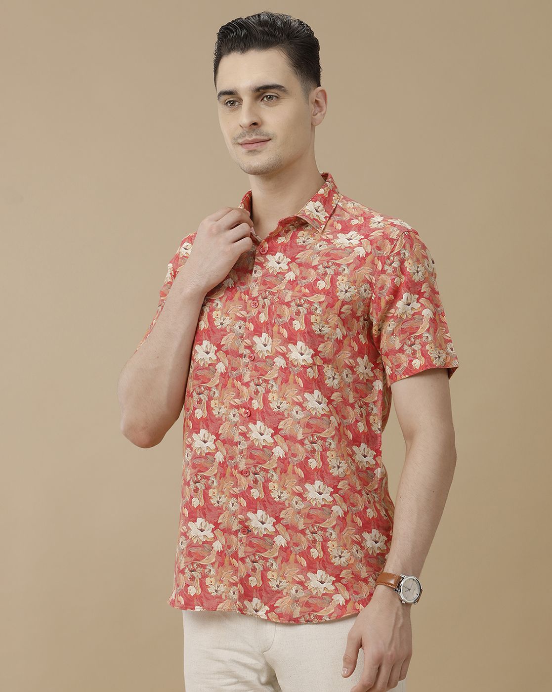 Men's Linen Rich Red Printed Contemporary Fit Half Sleeve Casual Shirt