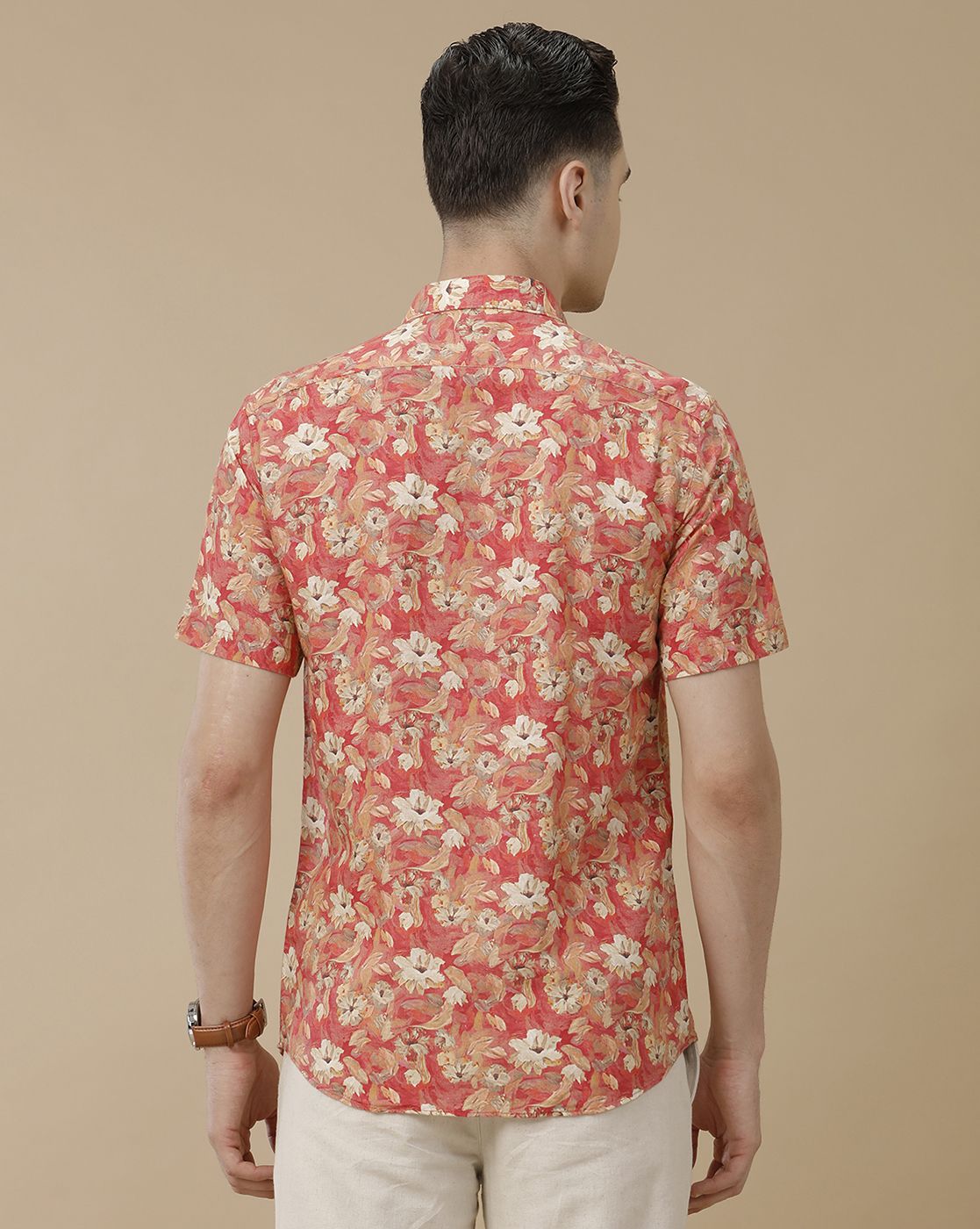 Men's Linen Rich Red Printed Contemporary Fit Half Sleeve Casual Shirt