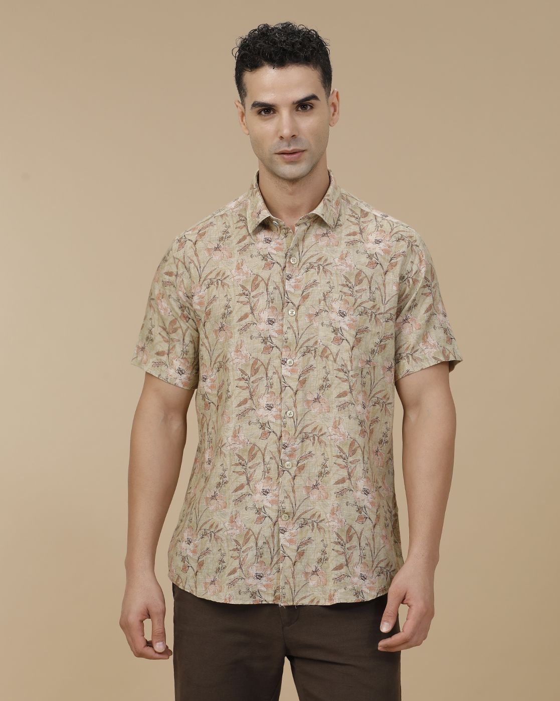 Linen Club Men's Linen Rich Green Printed Contemporary Fit Full Sleeve Casual Shirt