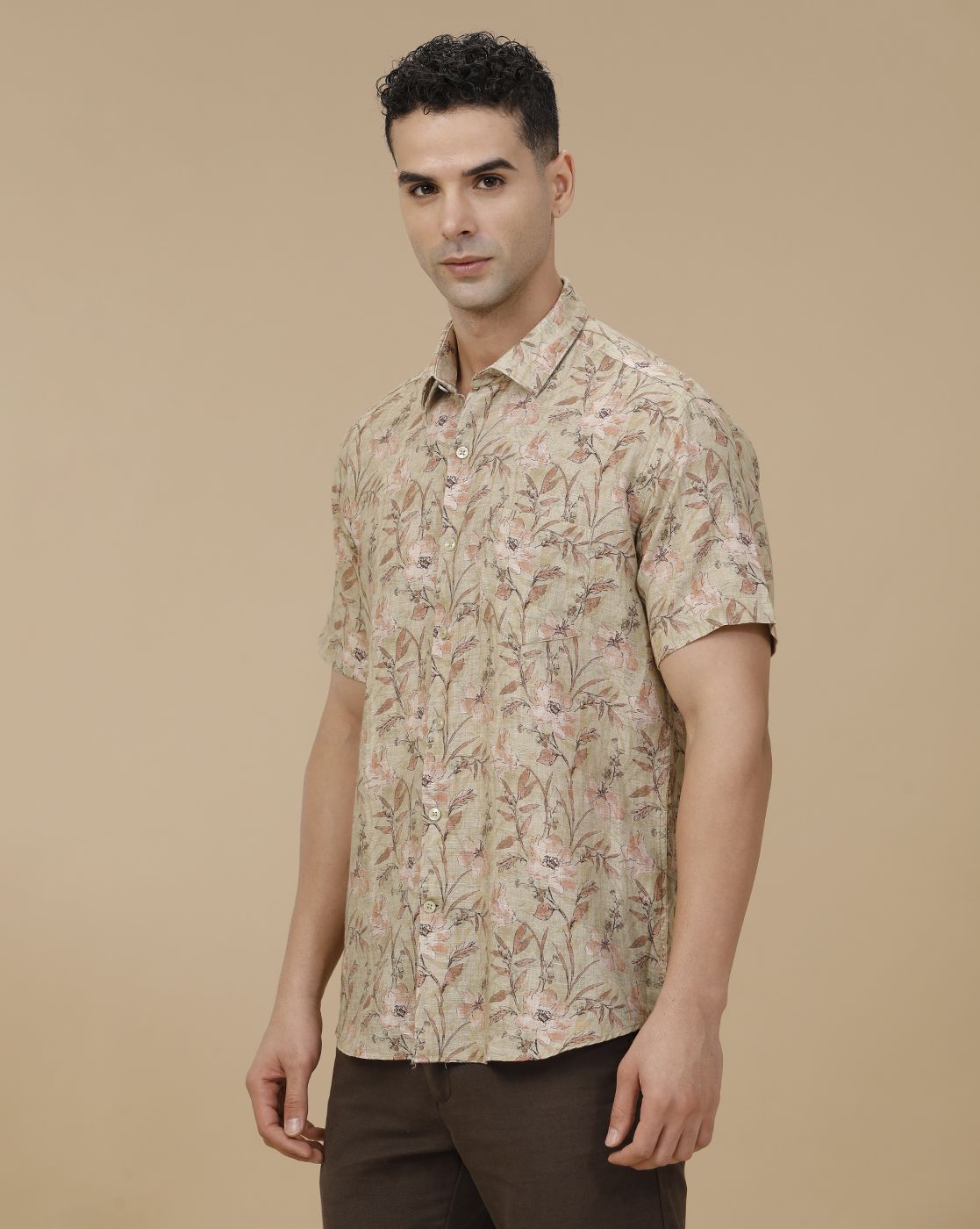 Linen Club Men's Linen Rich Green Printed Contemporary Fit Full Sleeve Casual Shirt