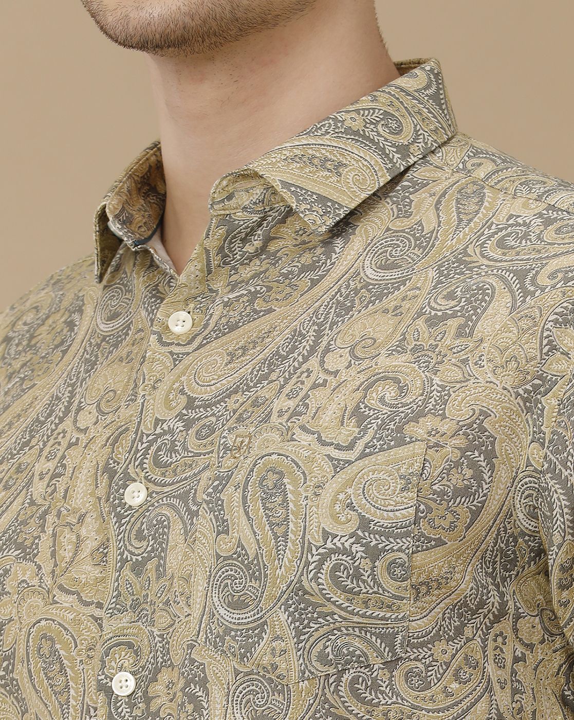 Men's Linen Rich Green Printed Contemporary Fit Half Sleeve Casual Shirt