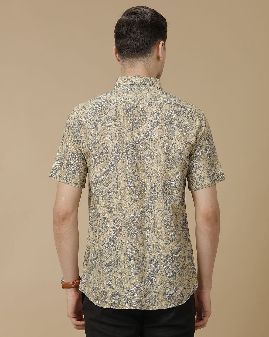 Men's Linen Rich Green Printed Contemporary Fit Half Sleeve Casual Shirt