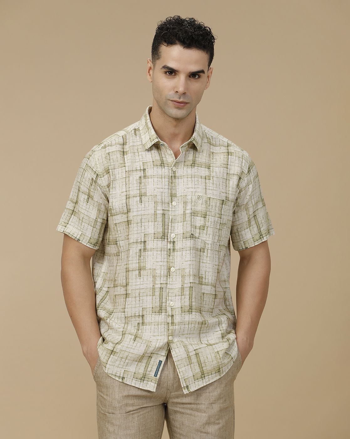 Linen Club Men's Linen Rich Green Printed Contemporary Fit Full Sleeve Casual Shirt