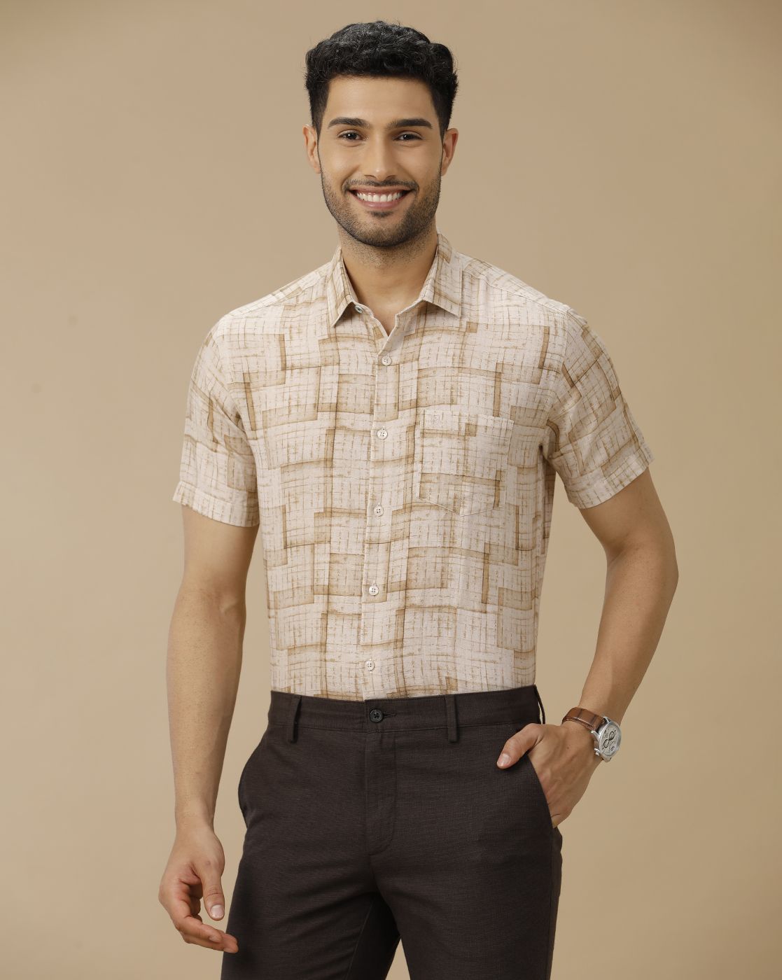Men's Linen Rich Brown Printed Contemporary Fit Half Sleeve Casual Shirt