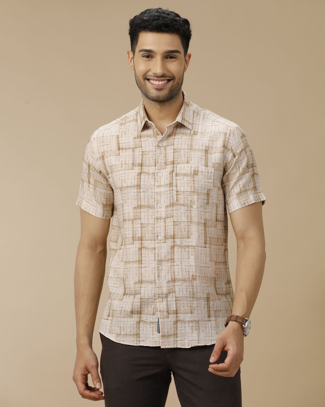 Men's Linen Rich Brown Printed Contemporary Fit Half Sleeve Casual Shirt