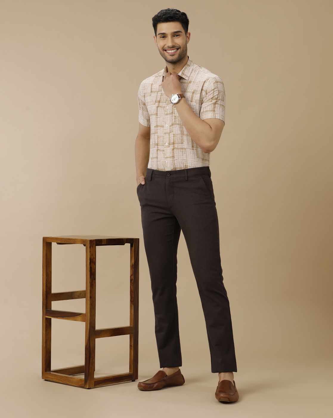 Men's Linen Rich Brown Printed Contemporary Fit Half Sleeve Casual Shirt
