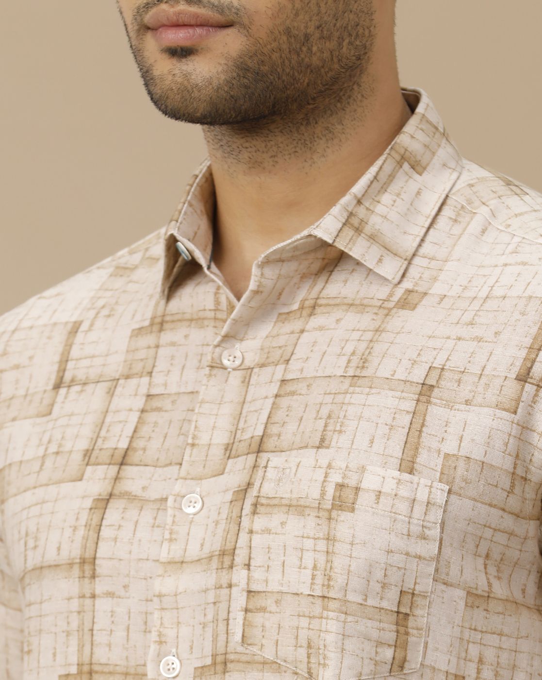 Men's Linen Rich Brown Printed Contemporary Fit Half Sleeve Casual Shirt