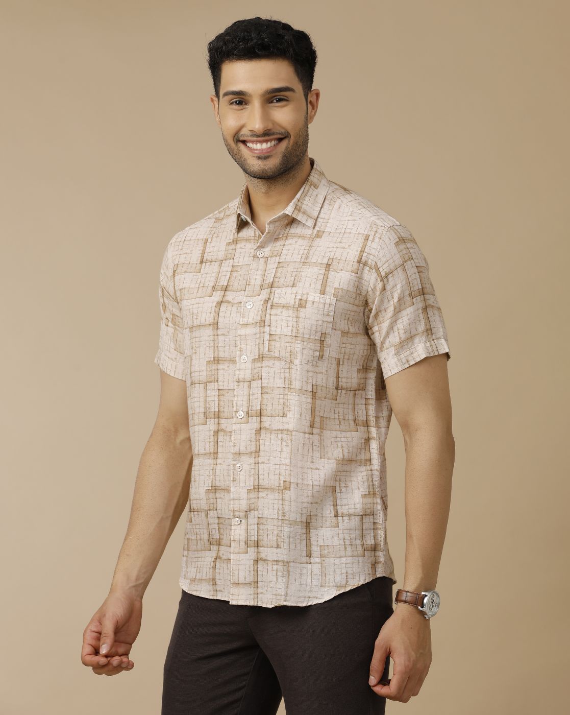 Men's Linen Rich Brown Printed Contemporary Fit Half Sleeve Casual Shirt