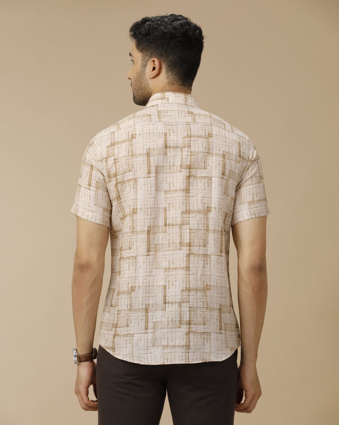 Men's Linen Rich Brown Printed Contemporary Fit Half Sleeve Casual Shirt